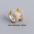 Gold plated S925 silver hoop earrings with triple row pave crystals and 10mm inner diameter - 10mm Gold Color