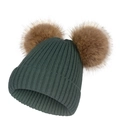Bonnet en tricot bleu sarcelle foncé avec deux grands pompons en fourrure synthétique - Vert Foncé