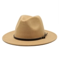 Detail of camel wool fedora hat featuring a black leather band and gold buckle - M(56-58cm) / Camel