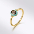 Luxurious S925 sterling silver vintage gold ring with oval brown opal and blue enamel - Gold #10 (Brown Gem + Turquoise Enamel)