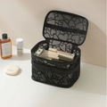 Double-layer black mesh makeup bag with heart pattern and sturdy top handle - Double Layer Big Heart