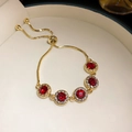 Adjustable gold bracelet with five sparkling red round zircons and pave accents - Bracelet #33 - Red - Circle