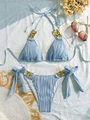Bikini a coste celeste con catene dorate e lacci regolabili stile halter per mare - S / Azzurro