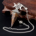 Silver crescent moon pentagram tiger eye crystal pendulum necklace with copper coil - Tiger's Eye