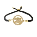 Adjustable leopard head bracelet in gold with white crystals and black braided cord - Black Milan Rope