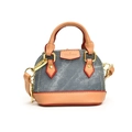 Mini shell-shaped kids denim bag with brown leather handles and golden hardware - Denim Blue