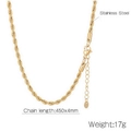 Polished gold stainless steel twisted rope chain necklace with adjustable clasp and tag - 4mm Width 45+5cm Length Gold (KN237058-K)