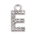 Macro view of silver letter E pendant featuring dense sparkling rhinestones and a top loop - Letter E