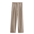 Pantaloni da donna a vita alta con gamba larga cachi con dettagli a pieghe e dritti - Pantaloni Marroni