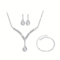 Detailed view of silver bridesmaid jewelry set with teardrop zircon necklace and earrings - 13# Silver V-Shape Full Rhinestone