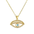 Detailed view of gold Evil Eye necklace with clear crystal pavé setting on white background - Style 1729-White Zirconia / Gold