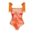 Orange tropical floral one-piece swimsuit with tie-shoulder straps and white piping trim - S / One-piece Swimsuit