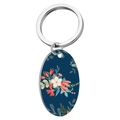 Schlüsselanhänger aus Edelstahl mit ovalem Vintage-Blumenanhänger auf weißem Grund - Blaues Retro-Blumenmuster