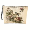 Neceser vintage color crema con estampado de flores y aves con práctica correa de mano - Patrón de Rosa Rosa y Pájaro Con Correa de Muñeca (xy-018-01) / 17x25cm