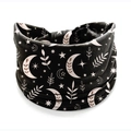 Elastic bohemian headband with black fabric featuring white moon and star patterns - Style 124