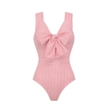 Detail of red and white vertical stripes and bow knot on the one-piece swimsuit - S / Red and White Striped Bowknot Swimsuit