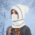Women's winter knitted integrated white hat with ear protection and plush pom pom - Creamy White