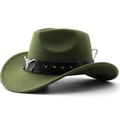 Olive green felt western cowboy hat with vintage bull head emblem and studded leather band - M (56-58cm) / Army Green (Studded Bull Head)