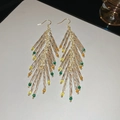 Handmade tassel drop earrings with yellow and green beads for a bohemian summer look - Artificial Crystal Wheat Ear Tassel Ear Hooks (46#)
