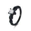 Elegante anillo de corazón chapado en negro con gran circón y diseño de hoja única - US 6 / Negro