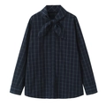 Women's plaid poplin shirt with dark blue check pattern and bow-tie neck collar top - XS / Navy Blue Plaid