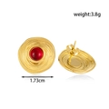Golden stainless steel stud earrings with red oval gemstones and hammered texture - Spiral Texture Red Stone Studs / ER-208 (Gold/Red Stone)