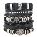 Gothic-Set aus mehrlagigen geflochtenen Lederarmbändern mit Totenkopf und Pentagramm - Set mit schwarzen Zirkonia