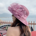 Women's organza sun hat with large brim and 3D floral decoration in elegant pink purple - Deep purple