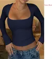 Slim fit long sleeve navy blue square neck crop top for women in Y2K vintage style - S / Navy Blue