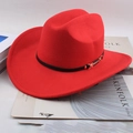 Stylish red wide-brim cowboy felt hat featuring a black leather band and gold buckle - Long Buckle / Red