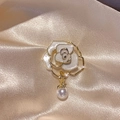 Elegant white enamel camellia brooch with gold edges and a hanging white pearl drop - Enamel Camellia Style (X0267)