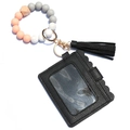 Black pebbled leather card wallet keychain with silicone beads and a decorative tassel - Black