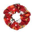 Detail of red Christmas scrunchie featuring snowmen, gingerbread men, and holiday motifs - Red