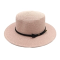 Detailed top view of a wide-brim straw sun hat with black woven cord and metal buckle - M (56-58cm) / Light Pink
