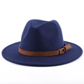 Classic navy blue wool fedora hat with wide brim and brown leather band detail - Navy Blue