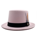 Detail view of pink wool top hat with black ribbon, feather and vintage metal badge - M (56-58cm) / 07 Pink