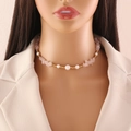 Close-up of handmade necklace with pink natural stones and pearls on a model neck - Rose Quartz Necklace (4#粉晶)