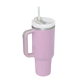 Detail showing pink 40oz stainless steel tumbler with straw and grey handle grip - Second Generation 40oz Light Purple / 40oz