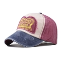Distressed patchwork denim baseball cap in burgundy and cream with vintage embroidery - Wine Red Beige Blue Denim Patchwork(8)
