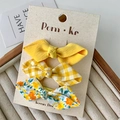 Set of 3 yellow bow hair clips with floral and gingham patterns for girls - Yellow Series