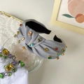 Grey knotted wide headband with colorful rhinestone crystal jewels in baroque style - Gray