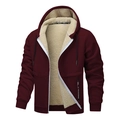 Men's burgundy sherpa-lined hooded jacket with full-zip and white drawstring cord - S / Tops / Burgundy