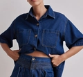 Damen-Set aus dunkelblauem Denim mit Kurzarmhemd und Shorts mit hoher Taille - L / Dunkelblaues Hemd
