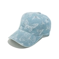 Close-up of white butterfly embroidery details on light blue denim baseball cap surface - M(56-58cm) / Sky Blue