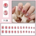 Detail view of Y-28 press-on nails featuring camellia floral patterns and red gradient art - Red Gradient White Floral Blue Edged Short Round Style (Y-28) / Glue Type