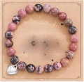 Pink and black speckled stone bead bracelet with silver heart charm on gift card - Rhodonite + Boyfriend's Mom Card