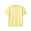 Short sleeve light yellow knit cardigan with white bow buttons and ribbed hem finish - S / Yellow