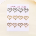 Three rows of heart-shaped stainless steel earrings with sparkling rhinestones on a card - Tricolor Mixed Heart Stud Earring Set(KE116988-HR)