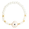 Close-up of pearl bead bracelet featuring golden stars and blue evil eye charm detail - BE1640WH07-Oval Evil Eye with Star Spacers