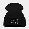 Close-up of God's Plan letter embroidery on the cuff of a black knitted beanie cap - M / Black